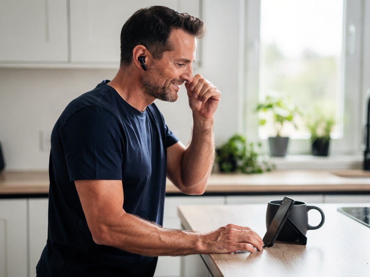 A man on a video visit from his kitchen, listening on his phone with earbuds