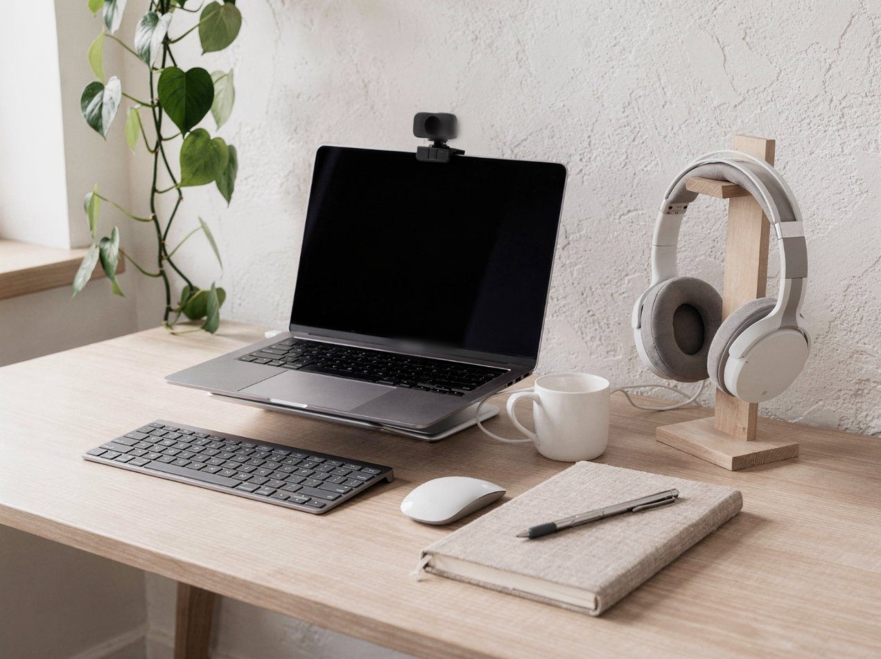 A telehealth desk with a laptop, webcam, headphones and an open notebook