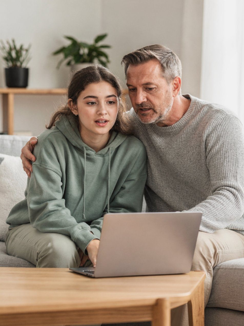 A father and his teenage daughter on a video visit together from their sofa
