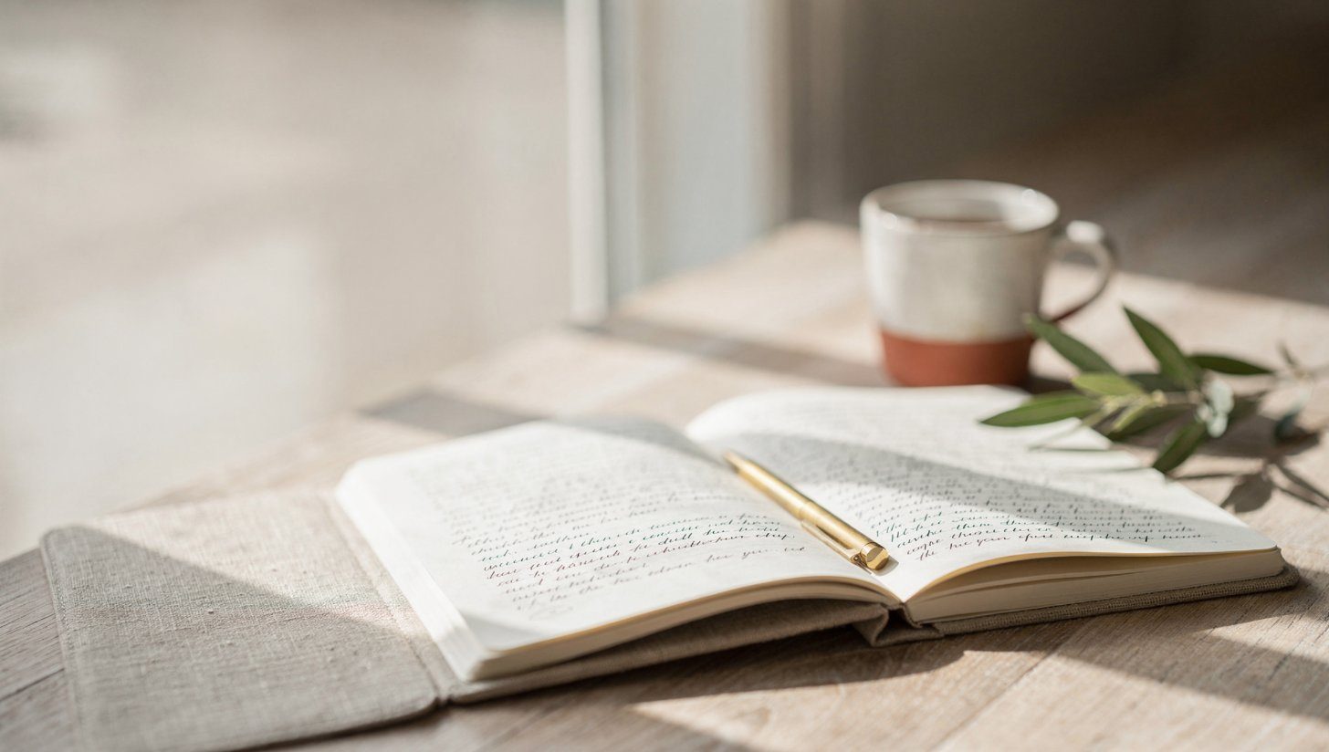 An open journal and pen on a sunlit table, beside a cup of tea and a sprig of olive